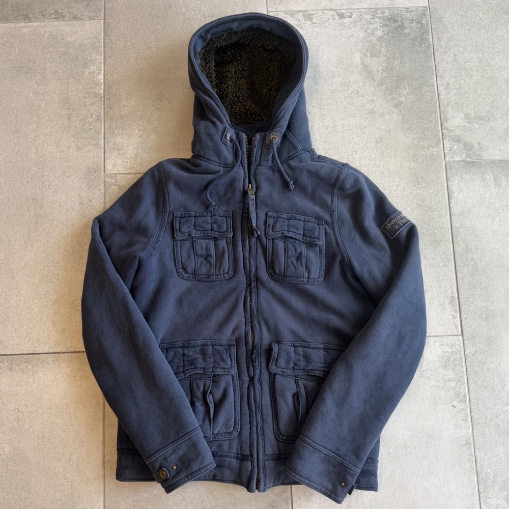 Vintage Y2K Abercrombie & Fitch Navy Sherpa Lined Full Zip Cargo Hoodie Mens M
